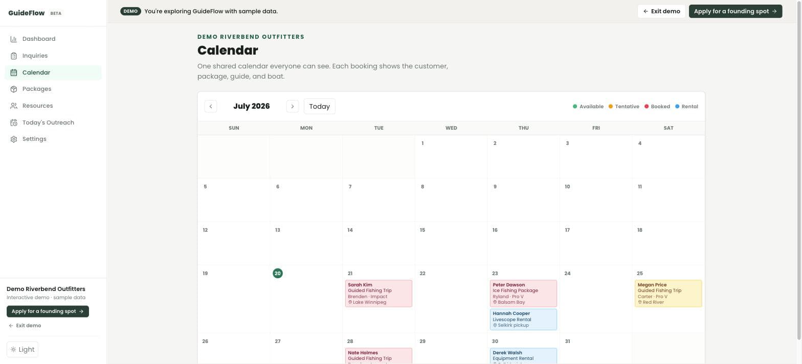 The GuideFlow shared calendar with each booking showing its guide, boat, package, and water.