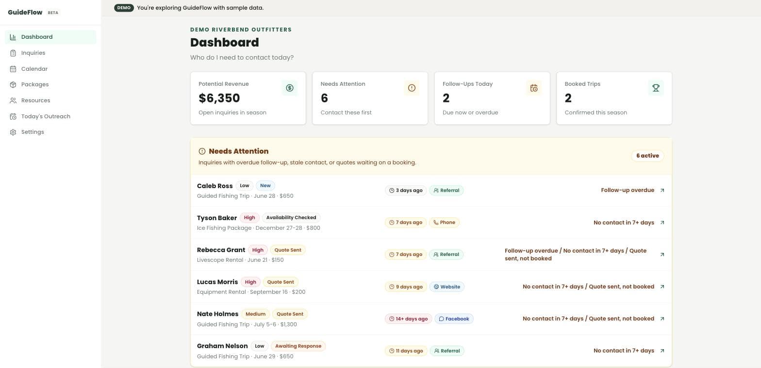The GuideFlow dashboard answering 'Who do I need to contact today?', with the day's inquiries listed and their next follow-up step.