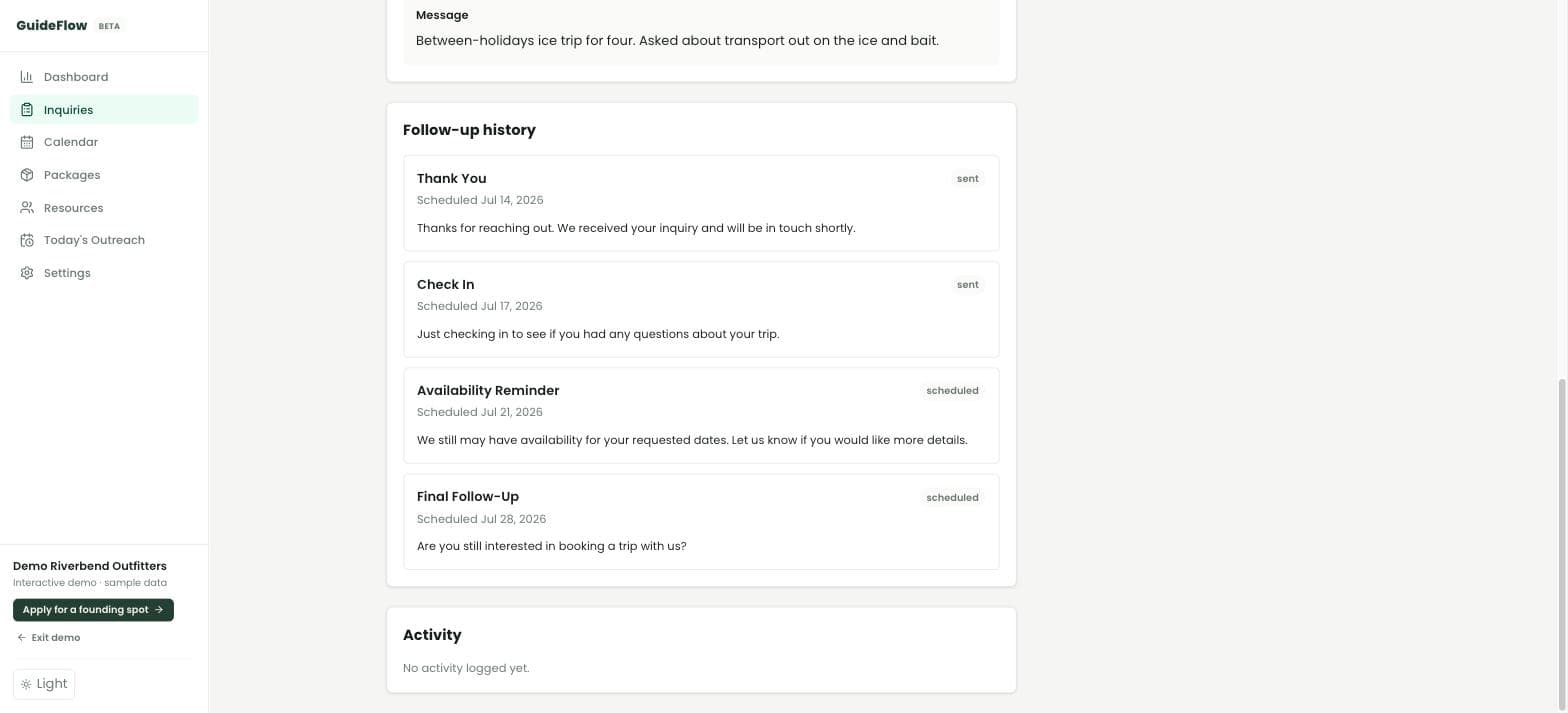 A GuideFlow follow-up history with two messages already sent and two more scheduled.